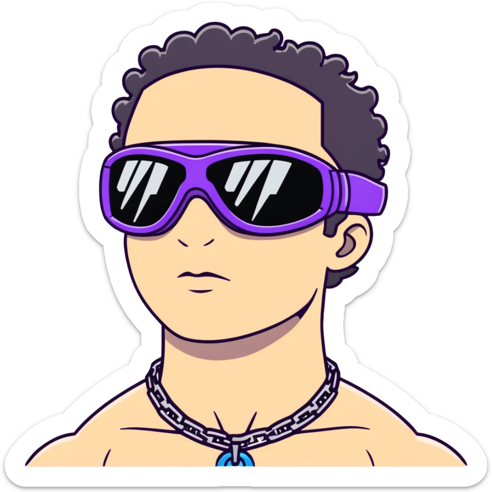 shirtless male athlete with white skin and moderately curly black hair on top with shaved sides, wearing purple ski goggles with black tinted lenses, and a simple plain black chain necklace, no earrings sticker