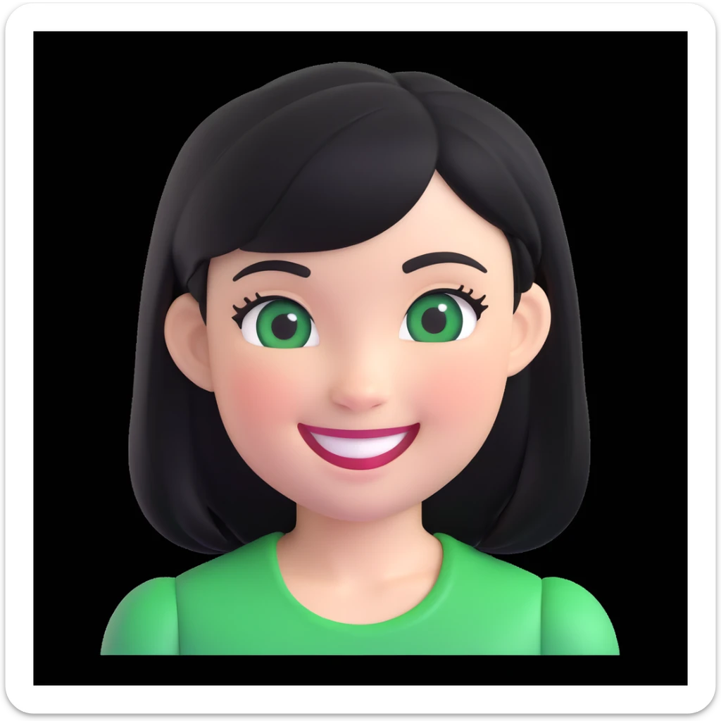 girl with black hair and green eyes, memoji style, smiling, round face, white background sticker