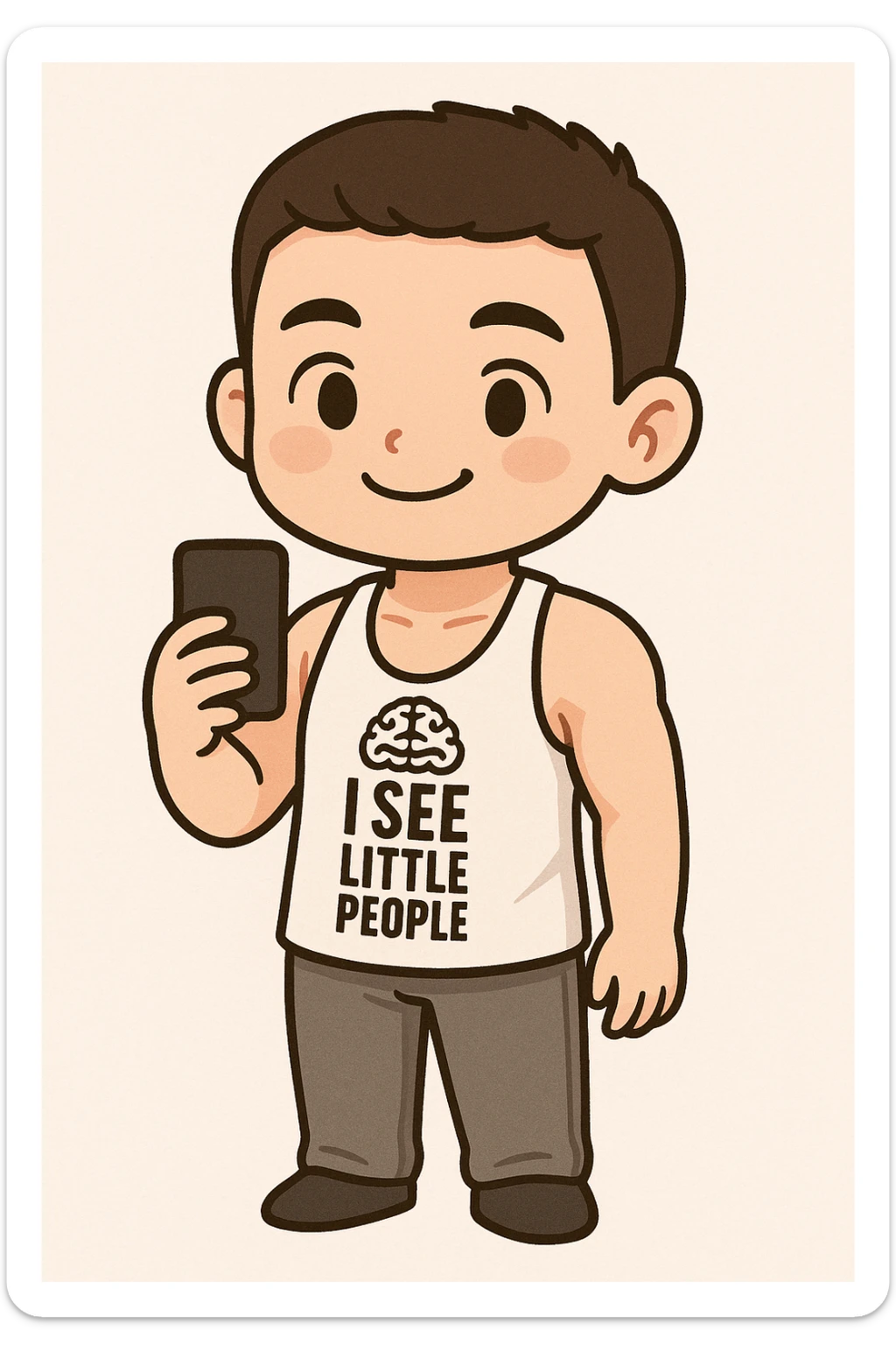 Full body illustration of a young man with short dark hair, light skin, no beard, smiling, in a cute, cartoon, simplified style similar to the example of Snape and Voldemort in chibi stickers style, with bold black lines and soft colors. sticker