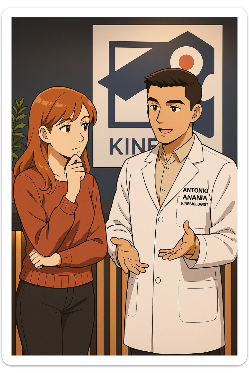 su questo stile fai un manga/webtoon a colori in cui una donna SI TOCCA IL MENTO CON L'INDICE MENTRE ASCOLTA PENSIEROSA L'UOMO, l'uomo della foto in stile manga LE SPIEGA CHE DEVE PROVARE LA SUA VALUTAZIONE MEDICA, mantieni un ambiente simile alla foto che ho allegato con il suo logo (sarebbe il suo studio, lui è un kinesiologo), scrivigli "ANTONIO ANANIA" sul camice bianco, non mettere fumetti, ma fai in modo che sembri che la donna ASCOLTI l'uomo sticker