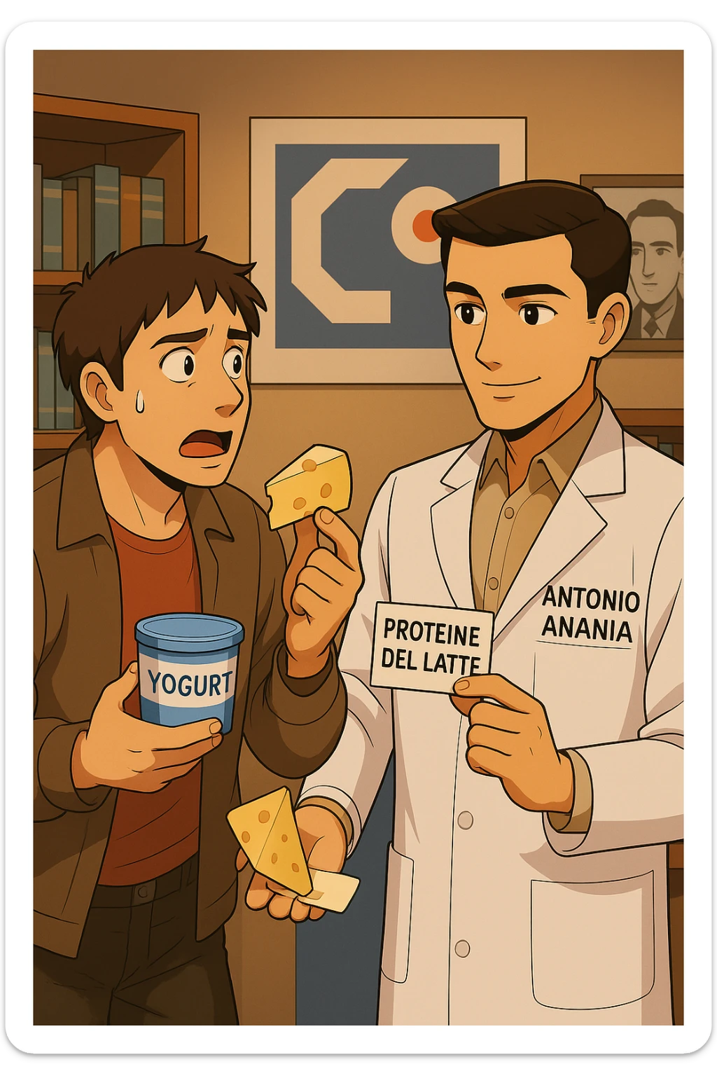 fai un webtoon manga a colori con questo stile, in cui un uomo fa una domanda al kinesiologo con il camice bianco (fagli anche la scritta "ANTONIO ANANIA" SUL CAMICE, l'uomo chiede una cosa mostrando un formaggio e uno yogurt al kinesiologo con il camice, IL KINESIOLOGO annuisce e SPIEGA ALL'UOMO UNA cos. L'UOMO ha un ESPRESSIONE CONFUSA IN VOLTO. non fare i fumetti però, fai solo in modo che sembri stiano parlando sticker