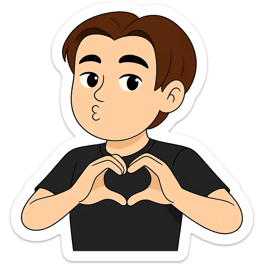 Change the hair color to a rich brown shade matching the fourth image, keep the shirt black, everything else the same, transparent background, maintain the original style and details. sticker