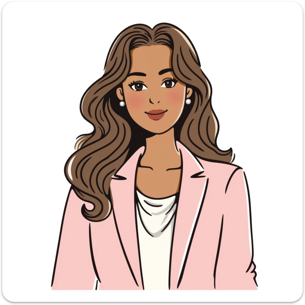 A 30-year-old woman with tanned skin, light brown long wavy hair with curled ends, delicate face, almond-shaped eyes with smoky foxy eye makeup, brown eyes, wearing a light pink elegant blazer and white satin cowl neck blouse with thin straps sticker