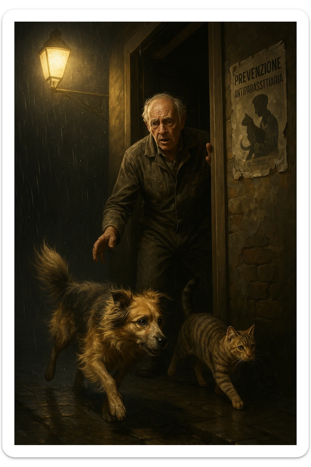 Un uomo anziano in tuta da lavoro, con espressione angosciata, tiene aperta la porta di casa mentre il suo cane (un meticcio a pelo lungo) e il gatto (soriano) scappano nella strada buia sotto la pioggia. Particelle di polvere/pulci fluttuano nell'aria illuminata dal lampione. Sullo sfondo, un poster strappato del veterinario con scritto 'Prevenzione antiparassitaria'. Stile fotorealistico, illuminazione Caravaggesca, toni grigi e ocra. in italiano sticker