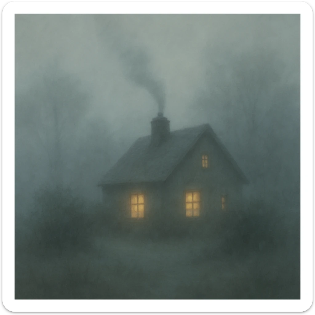 A foggy landscape with a small cottage with smoke coming out of the chimney, foggy style. sticker