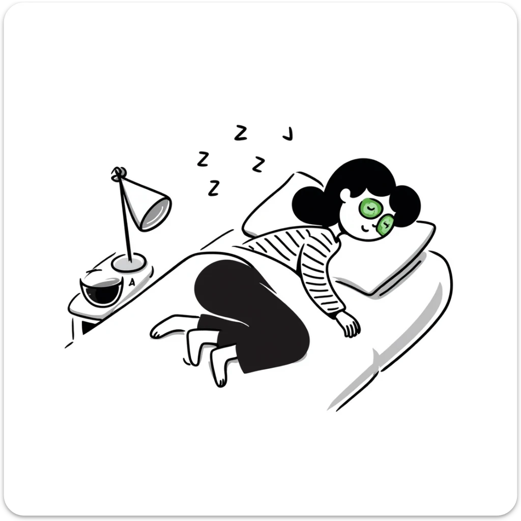 Hand drawn girl sleeping with cucumber slices on eyes and face mask, self care night sticker