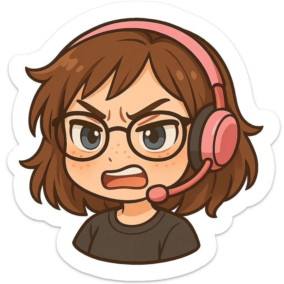 Chibi woman with shoulder length choppy brown hair, pink gaming headset, freckles, glasses, and blue eyes, angry expression, chibi stickers style, no background. sticker