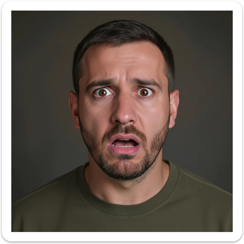 photorealistic portrait of Volodymyr Zelensky, President of Ukraine, expression of fear and shock, short dark hair, trimmed beard, olive green shirt, full head and shoulders visible, centered, strong likeness to Zelensky sticker