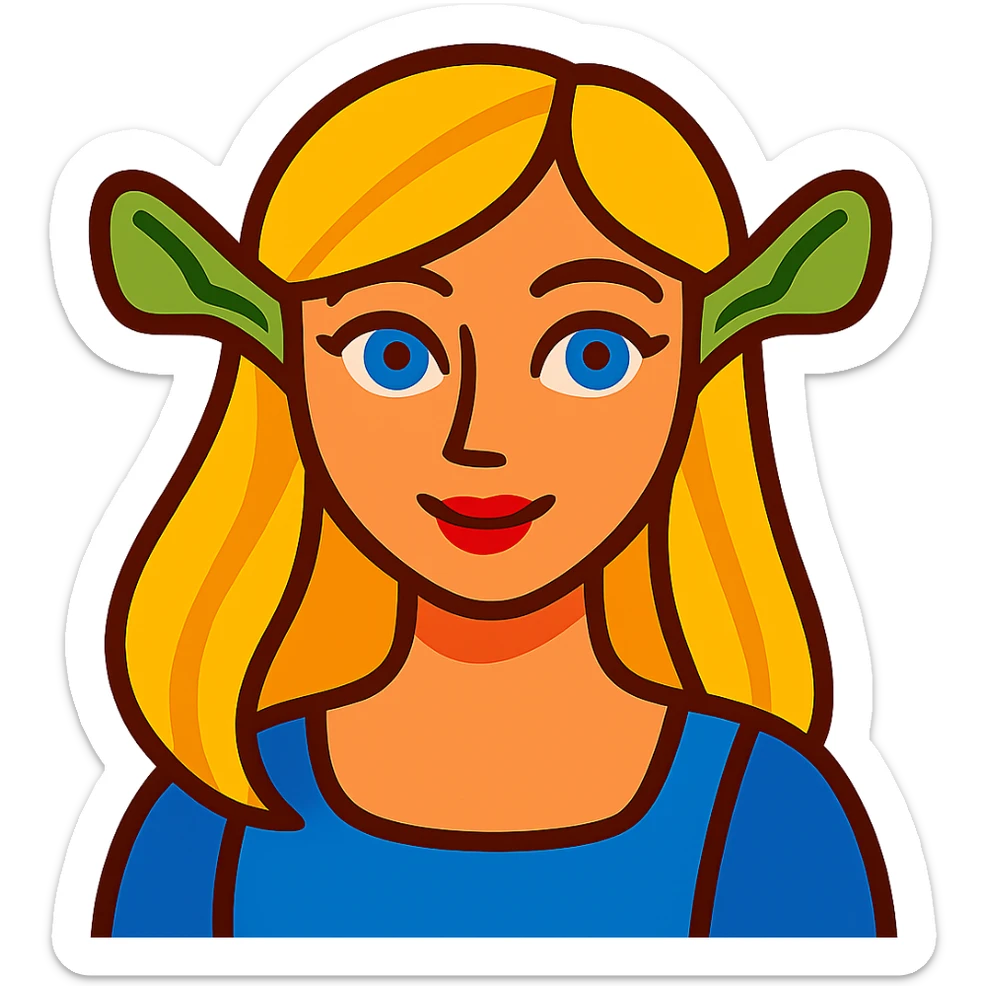 pretty girl with blonde hair, blue eyes, green ogre ears in vibrant toon style sticker