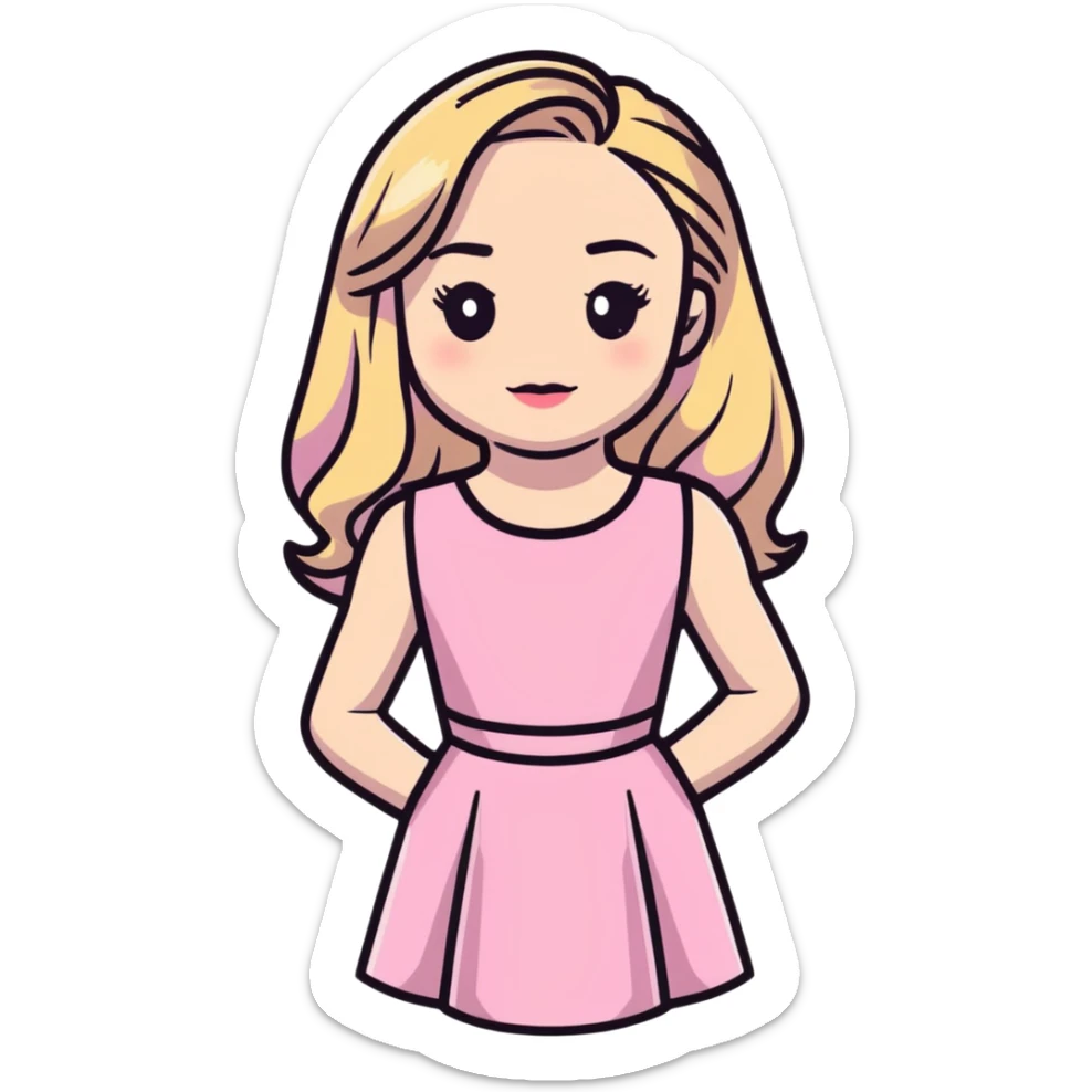 Sabrina Carpenter blonde singer in her Short n' Sweet era, pink dress and glamorous sticker