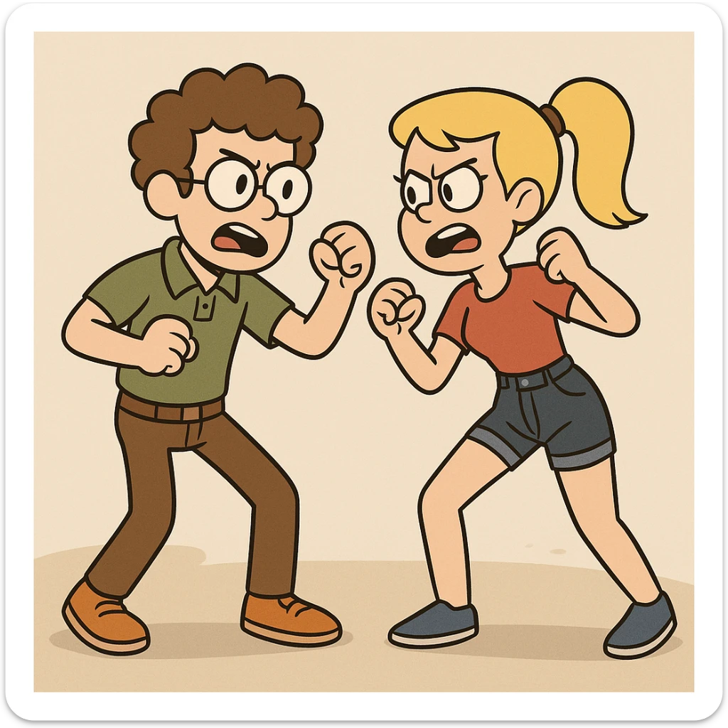 Fighting a boy brown Curly hair circle glasses green Pro polo brown jeans orange shoes and a girl Yellow ponytail hair red shirt high waisted dark blue denim shorts blue shoes sticker