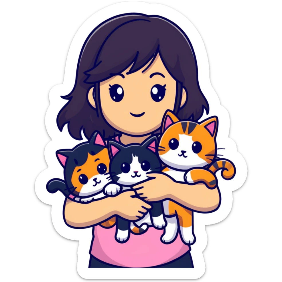 teenage girl with black hair with brown highlights with two cats that are tri-colored (black, orange, and white) sticker