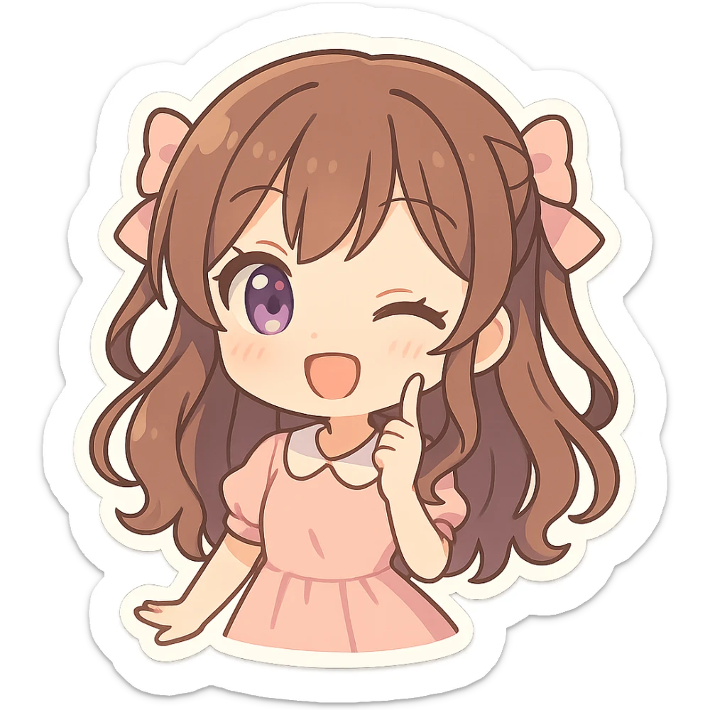brunette anime girl with purple eyes, chibi style, playful expressions, pastel colors, no background sticker