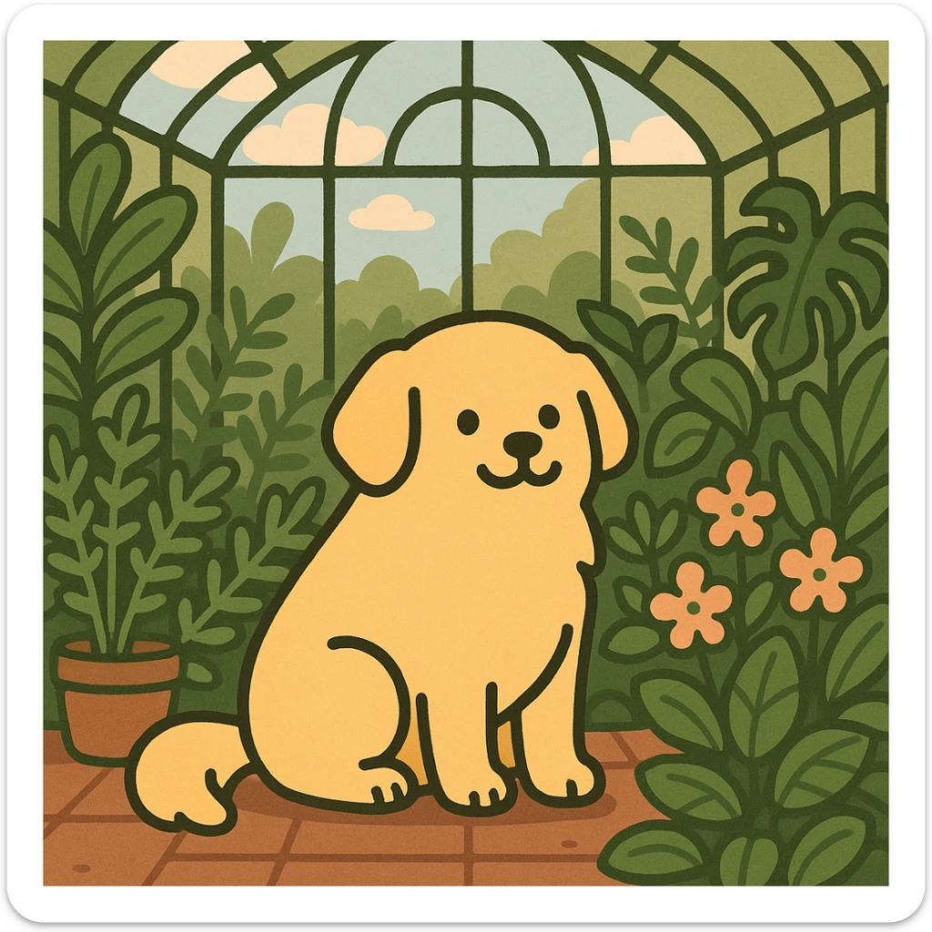 pusheen-style flat toon golden retriever in a botanical garden greenhouse sticker