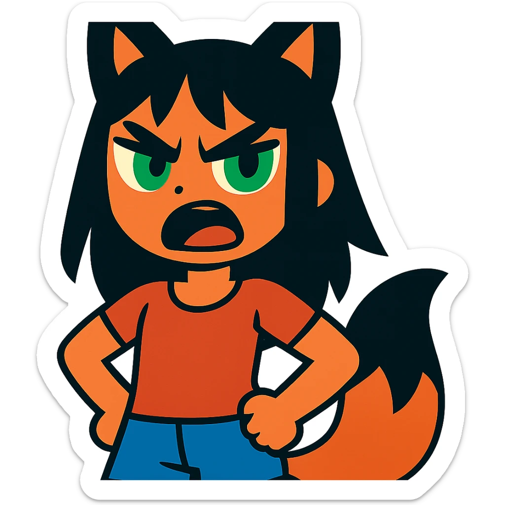 A girl with black fox ears and a tail, green eyes, dark hair, looking angry sticker