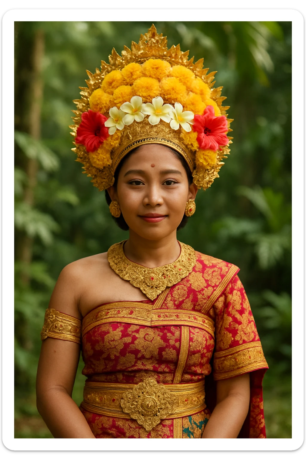 a Balinese person in ceremonial dress with a flower headdress, gentle expression, lush greenery background sticker