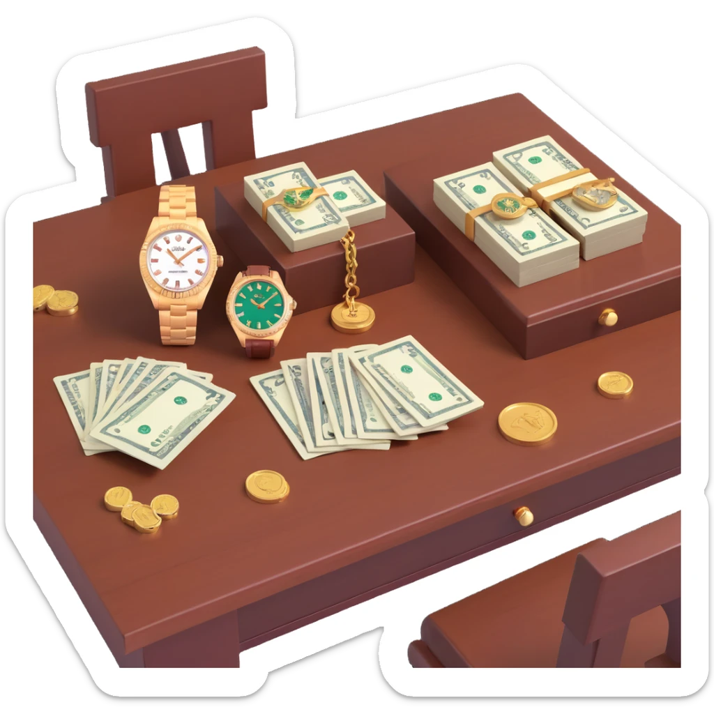 3D scene showing a wooden table with jewelry, a luxury hand watch Rolex style, and bundles of cash, realistic and detailed sticker