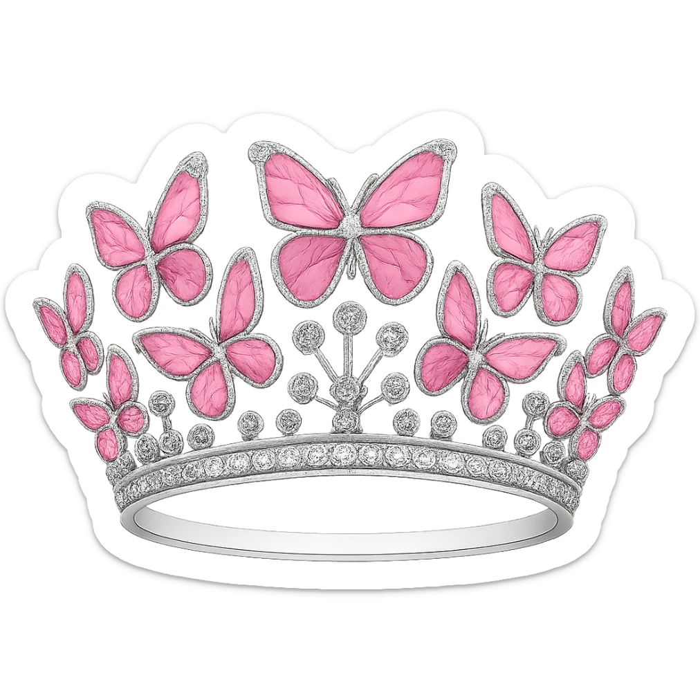 Change the base of the butterfly crown to white, keep the vibrant pink enamel butterflies and sparkling gems, with no background. The style should maintain the vibrant and sparkling look of the original images. sticker