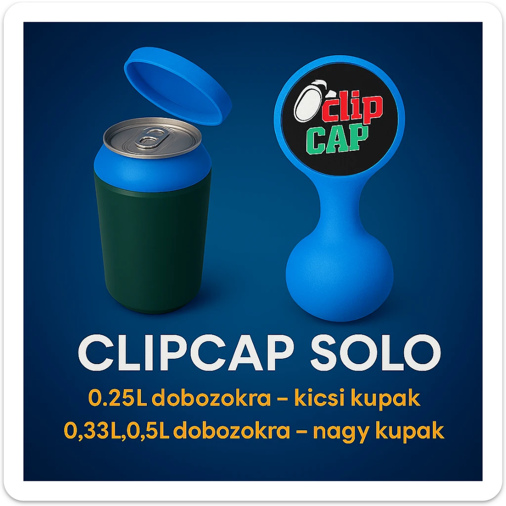 A kupakokat színezd át kékre. A CLIPCAP DUO felírat helyett CLIPCAP SOLO felírat legyen, a "kicsi és nagy kupak a csomagban" szöveg helyett "0.25L dobozokra - kicsi kupak" és a "0.33L,0.5L dobozokra - nagy kupak" külön sorban. sticker