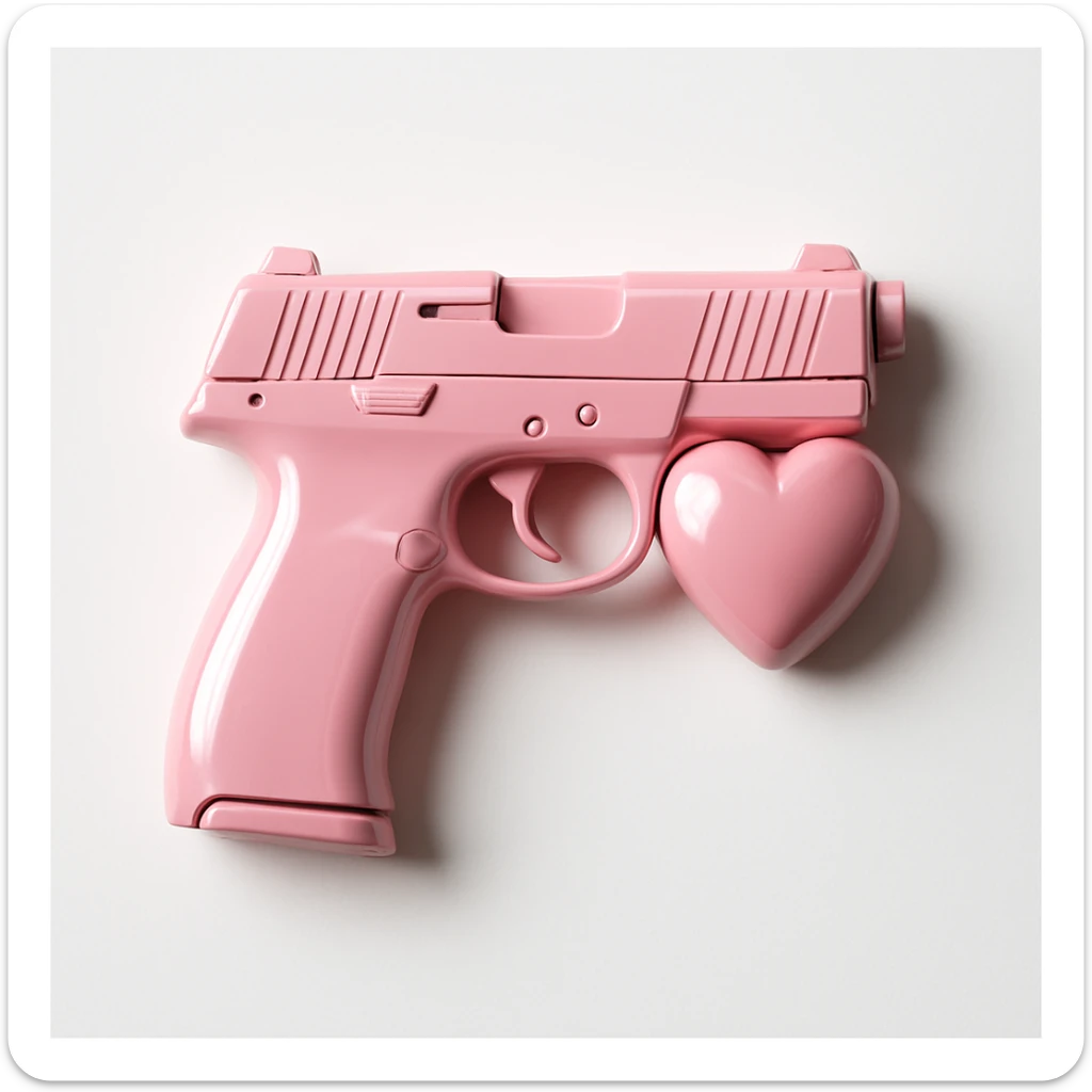 Refine the photorealistic pink heart pistol: increase the realism, add subtle metallic reflections, enhance the glossy finish, and improve the heart shape details, on a white background. Maintain photorealistic style with subtle metallic reflections and glossy finish. sticker
