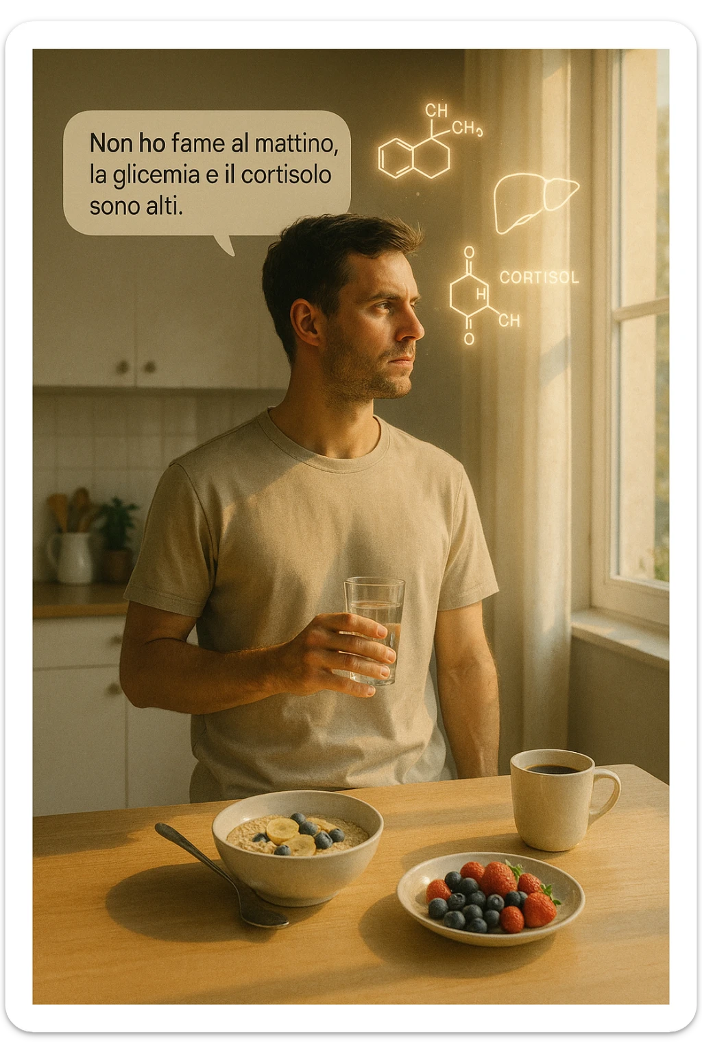 A realistic, cinematic illustration of a man in his early 30s with a lean, healthy build, standing calmly in a bright, minimal kitchen in the early morning. On the kitchen table, there is a prepared but untouched healthy breakfast (oatmeal, fruit, coffee). The man, with a neutral and focused expression, holds a glass of water while looking out of the window where morning sunlight enters. Above him, subtle glowing medical icons display: a glucose molecule, a cortisol hormone symbol, and a liver icon, indicating high morning blood sugar and cortisol levels. A small speech bubble or text overlay says: ‘Non ho fame al mattino, la glicemia e il cortisolo sono alti.’ The scene conveys a sense of calm, clarity, and body awareness, showing that the man consciously avoids breakfast due to physiological signals rather than restrizione. The style is realistic, warm, with a slight film grain, emphasizing health and conscious self-regulation. in italiano sticker