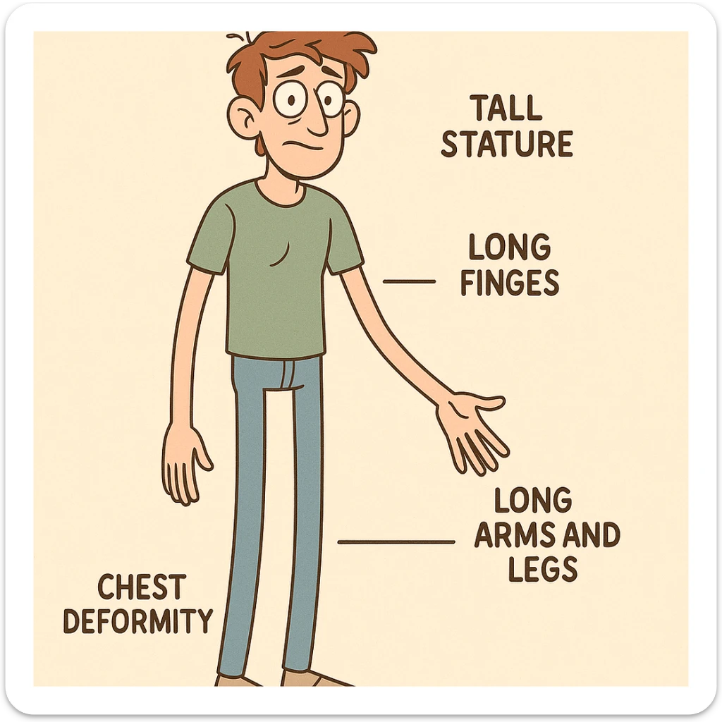 educational cartoon style graphic of a person with Marfan syndrome, highlighting tall stature, long arms and legs, long fingers, and chest deformity, with simple labels, suitable for general public sticker