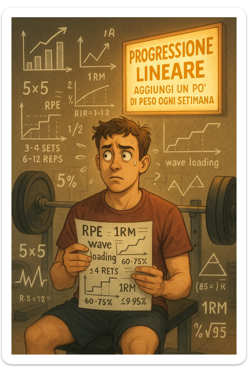 Neofita in palestra, visibilmente confuso, seduto su una panca con in mano un foglio pieno di schemi complicati, numeri, percentuali e sigle (tipo 5x5, RPE, 1RM, wave loading, ecc). Ha un’espressione perplessa, guarda in tutte le direzioni. Intorno a lui appaiono in aria grafici intricati, metodi diversi, formule complicate. Ma sullo sfondo, in modo semplice e luminoso, c'è un cartello che dice: 'Progressione lineare – Aggiungi un po’ di peso ogni settimana'. La luce calda illumina proprio quel messaggio semplice. Contrasto visivo forte tra la confusione e la chiarezza. Stile realistico o illustrato, atmosfera educativa e motivazionale. sticker