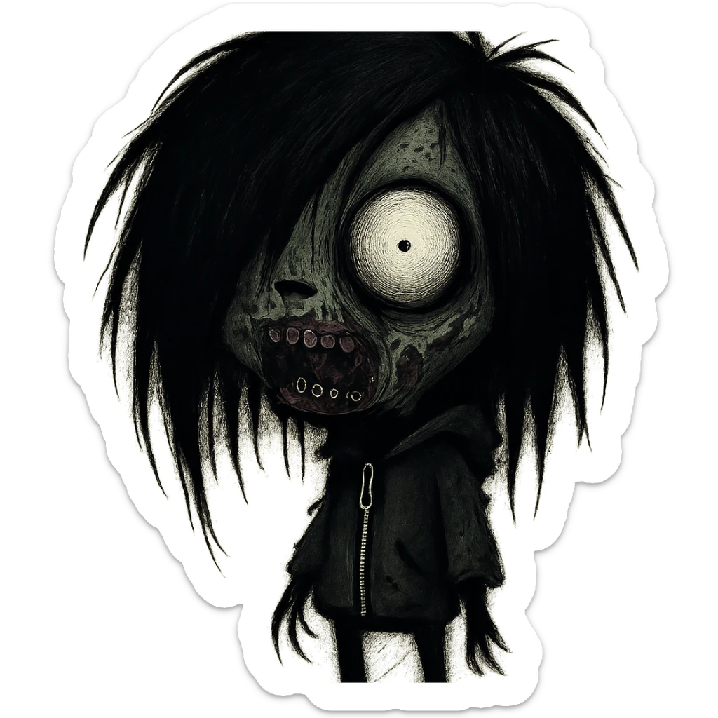 GIR zombie with black long shaggy hair, emo, dark and spooky, creepy face sticker