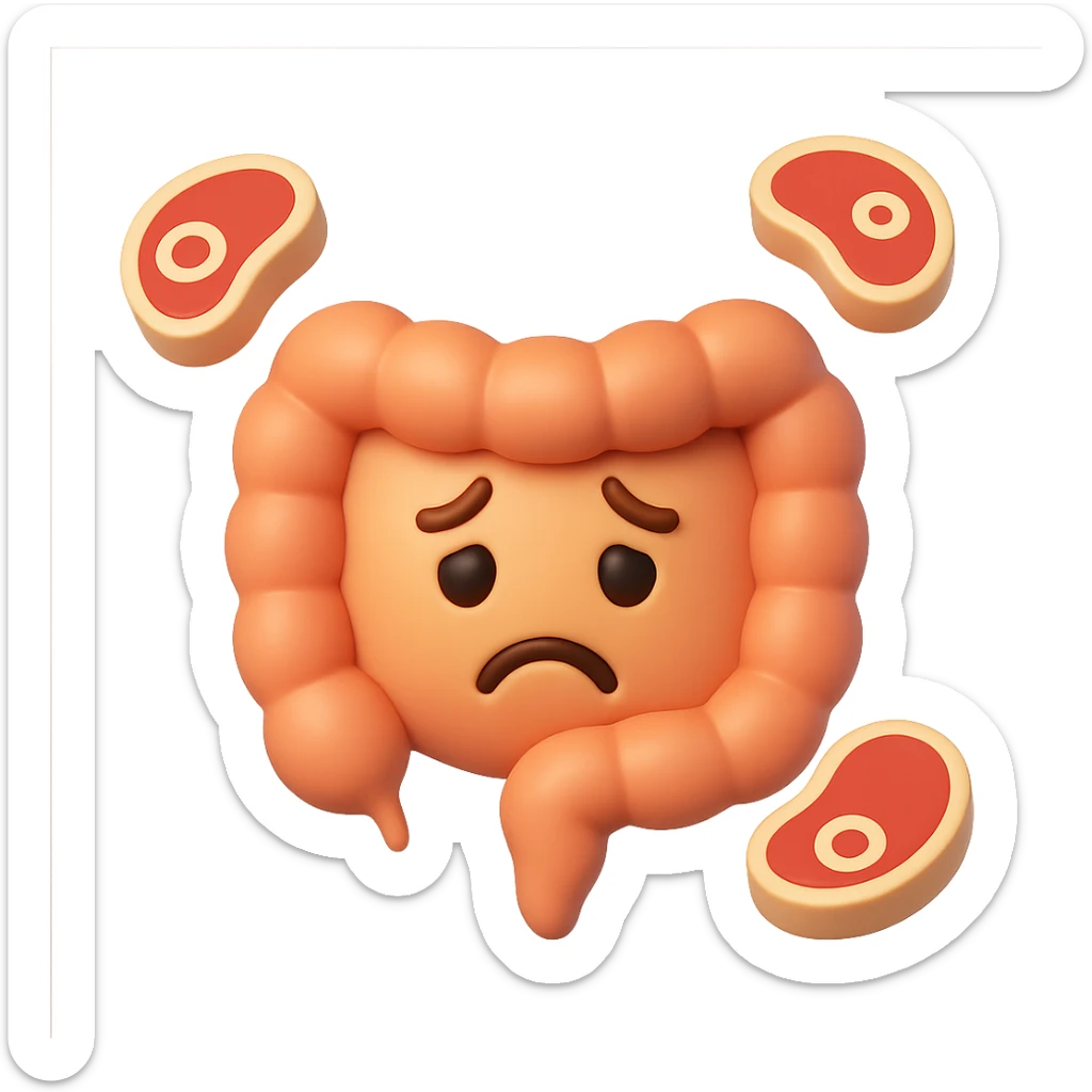 emoji stile iphone in 3d di un intestino triste con fette di carne che gli fluttuano intorno sticker