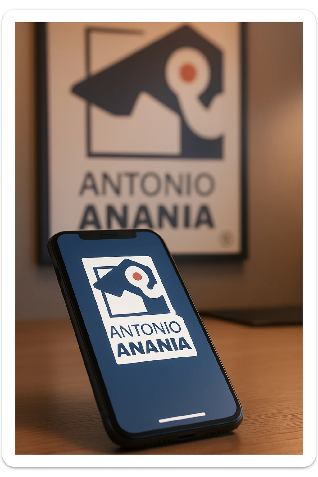 A photo of an iPhone on the desk with the logo of "Antonio Anania" on its screen, The phone sits atop a desk with a blurred with the logo in the background that suggests work environment. A faint glow from above casts gentle shadows across the surface of each object, creating depth and highlighting their textures sticker