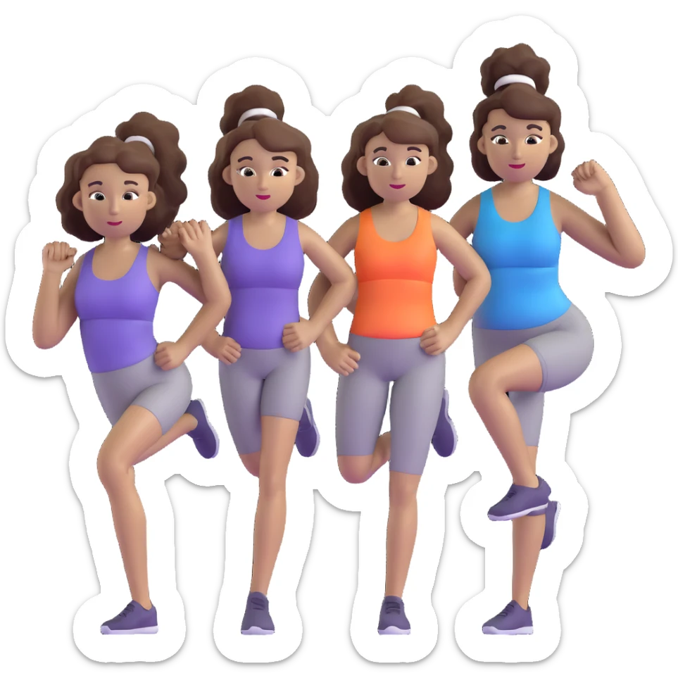 three women friends exercising together, one black woman with curly brown hair, one pale white woman with curly brown hair, and one white woman with straight brown hair in a ponytail positioned on the right sticker