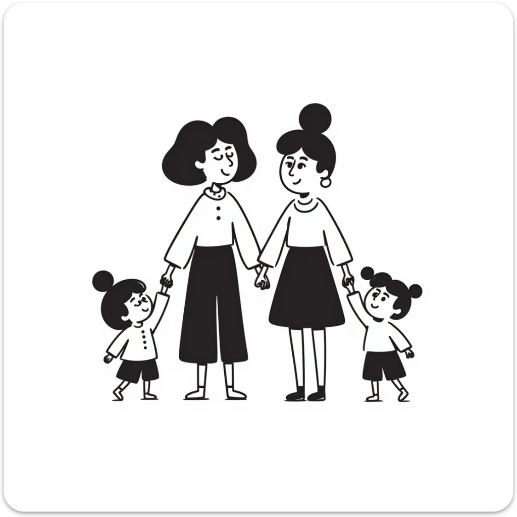 black doodle illustration of two mothers holding hands with toddlers, minimal, happy family sticker