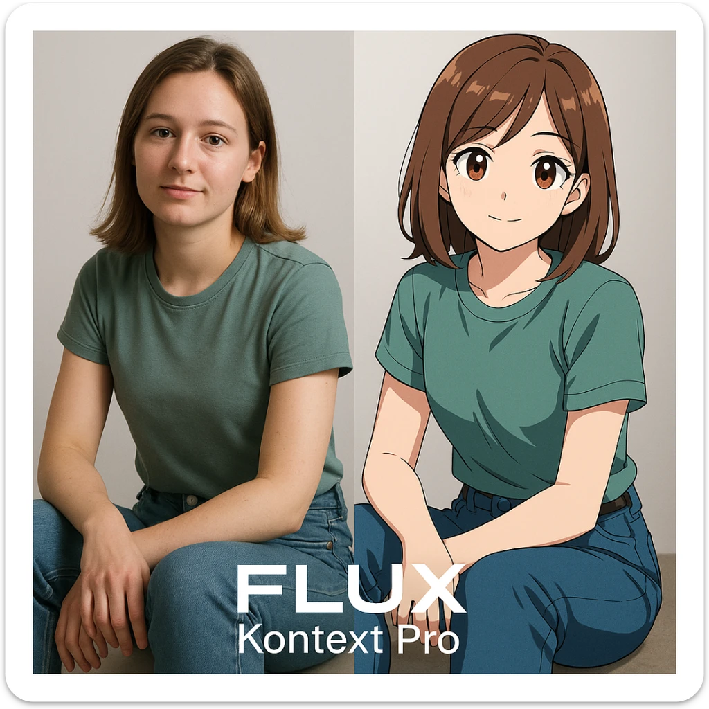 create before after image of a girl before is realsitic photo, after is anime version of her in same pose and clothes, add logo with text of a "FLUX Kontext Pro" sticker