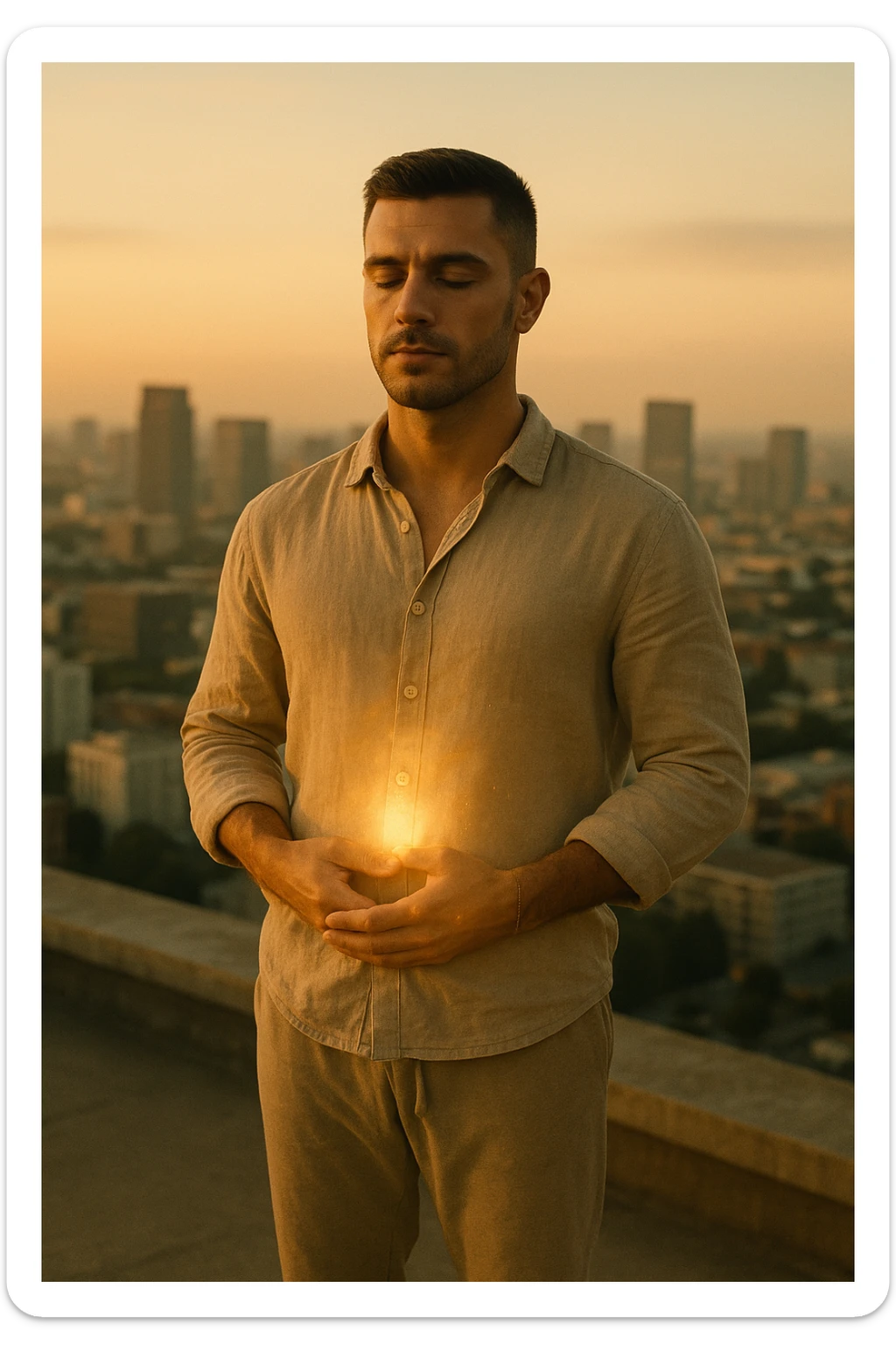 A cinematic portrait of a calm and composed man in his mid-30s, with light stubble and a defined jawline, standing alone on a rooftop at sunrise overlooking a quiet modern city. He’s wearing minimalist, earth-toned clothing — a linen shirt loosely buttoned, neutral joggers, barefoot. His hands rest gently over his abdomen in a meditative posture, eyes half-closed, reflecting clarity and focus. The early morning light bathes his face and body in soft gold, symbolizing renewal and healing. Around him, the city is still asleep, with only faint traces of life below. The air feels clean and silent. Subtle glow effects radiate gently from his chest and abdomen, suggesting internal regeneration. 35mm film style, shallow depth of field, realistic human textures and cinematic color grading with warm and natural tones. sticker