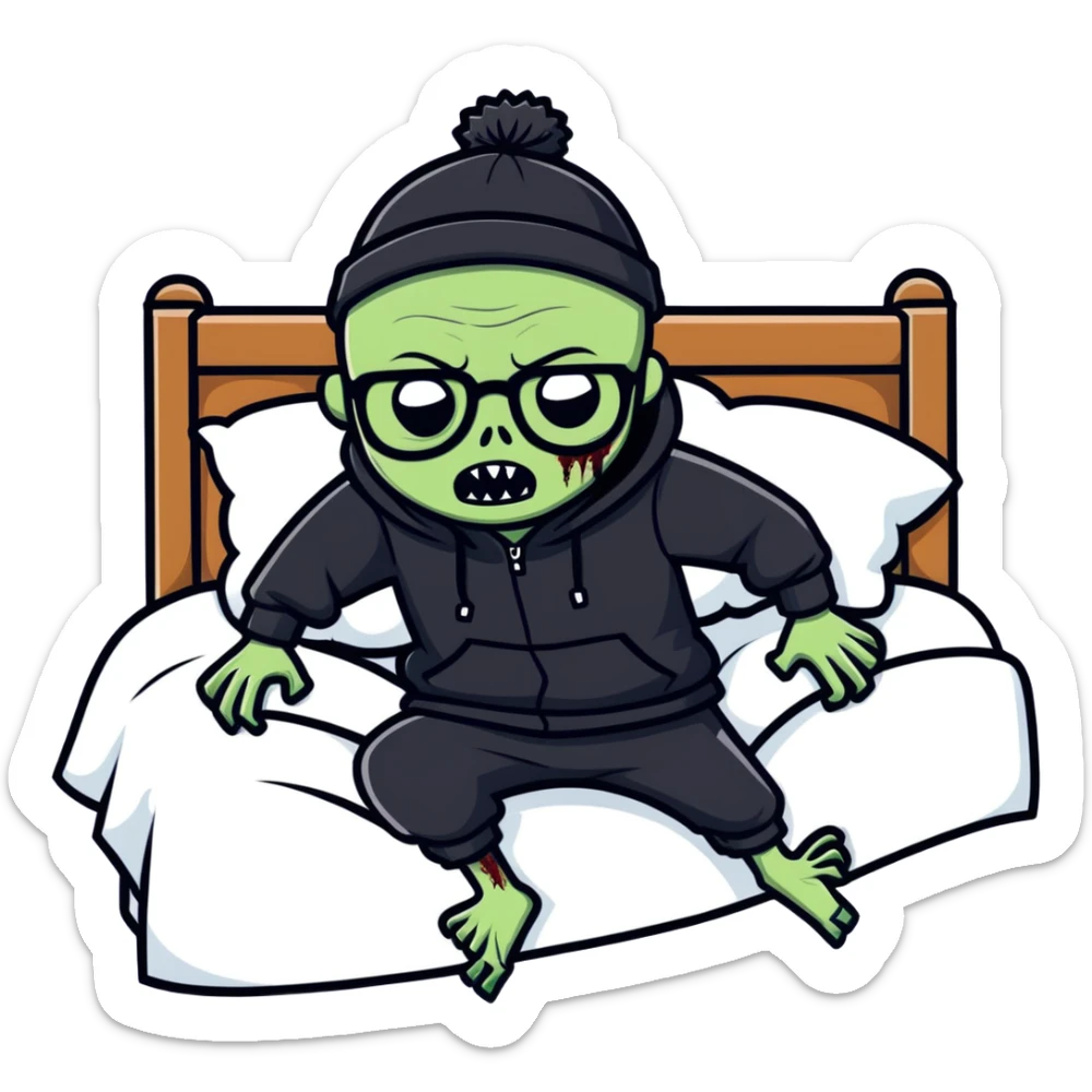 bald zombie with glasses, wearing a black beanie, black hoodie, stumbling into bed sticker