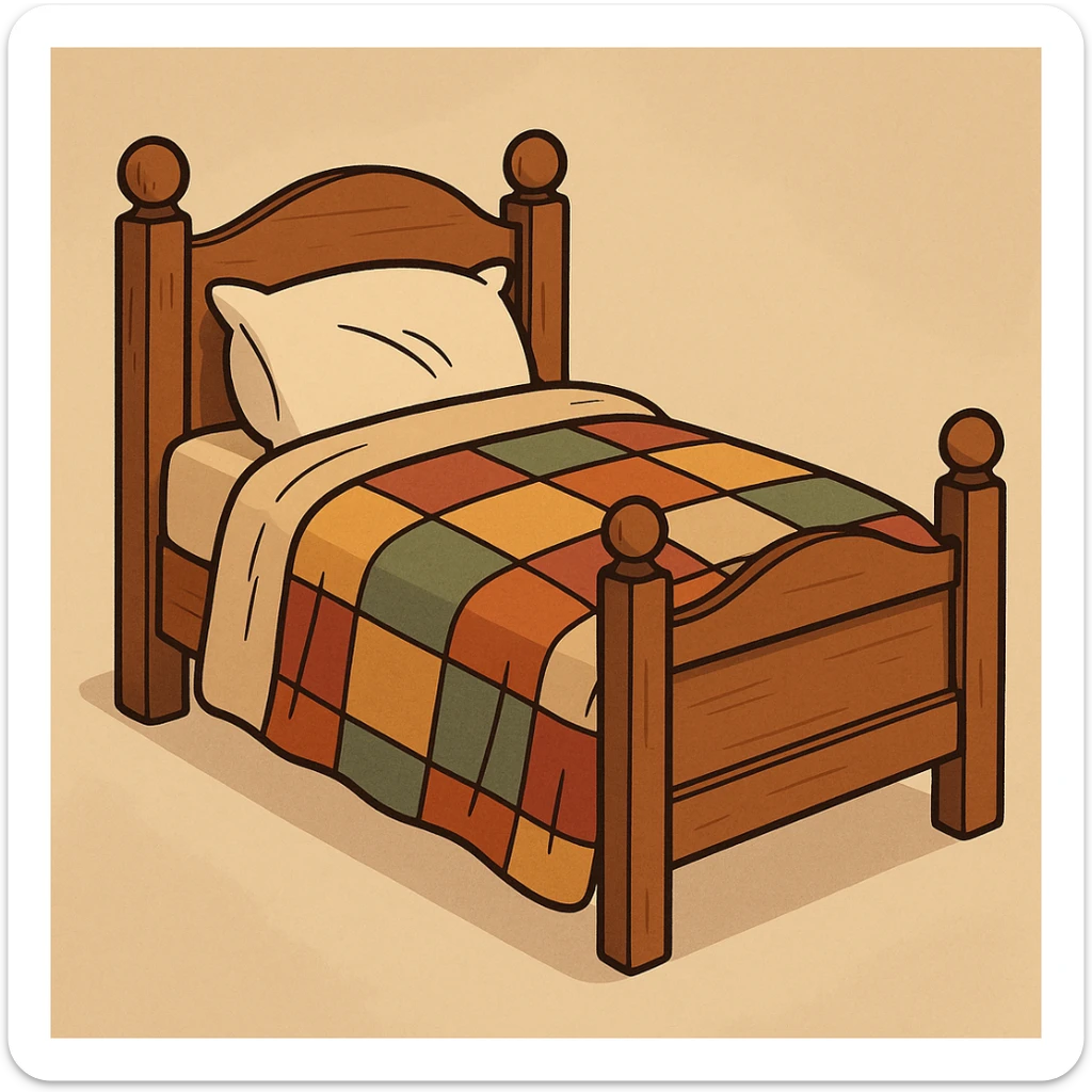 a classic wooden bed with a quilt, warm and traditional look sticker