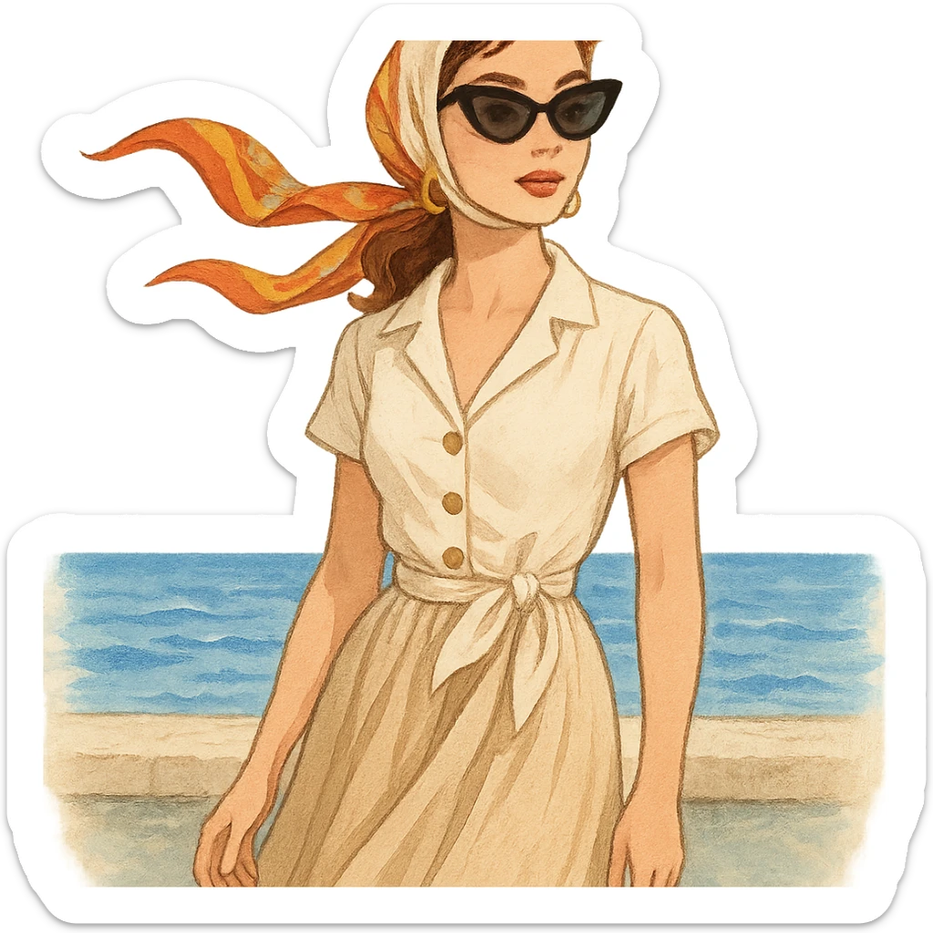 Riviera-inspired girl with scarf, sunglasses, breezy outfit, standing by the sea sticker