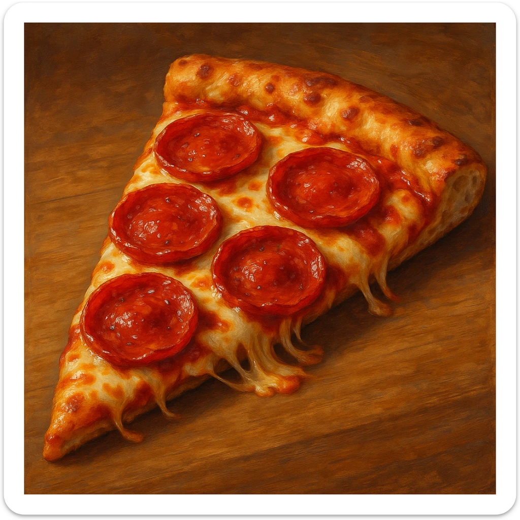 A slice of pepperoni pizza, delicious and cheesy, in general style, detailed and vibrant. sticker