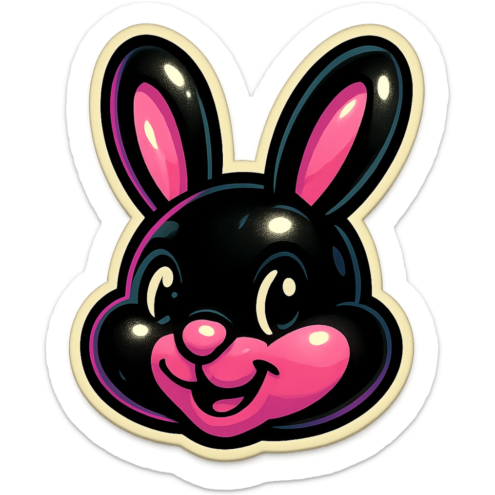 black and pink bunny face, cute and expressive, vintage sticker look sticker