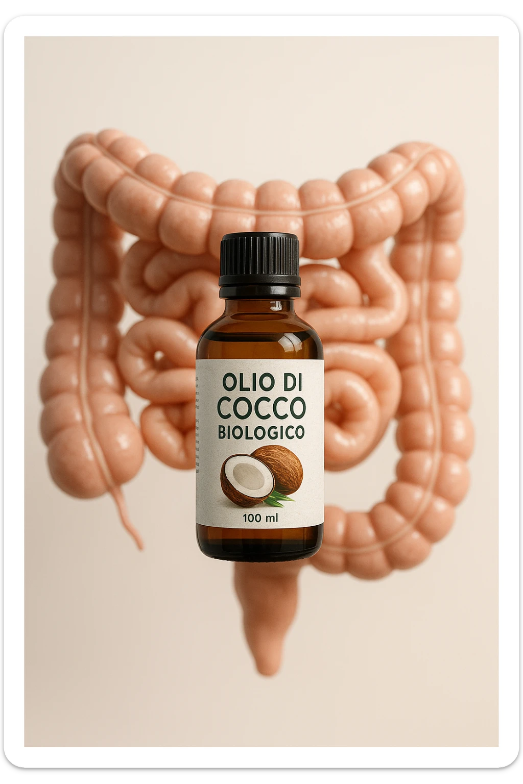 BOCCETTA DI OLIO DI COCCO BIOLOGICO (FAI UN ETICHETTA SUL PRODOTTO IN ITALIANO) CHE FLUTTUA IN ARIA DAVANTI A UN INTESTINO UMANO ANATOMICO IN PERFETTA SALUTE, SFONDO CHIARO, iperrealistico 4k sticker