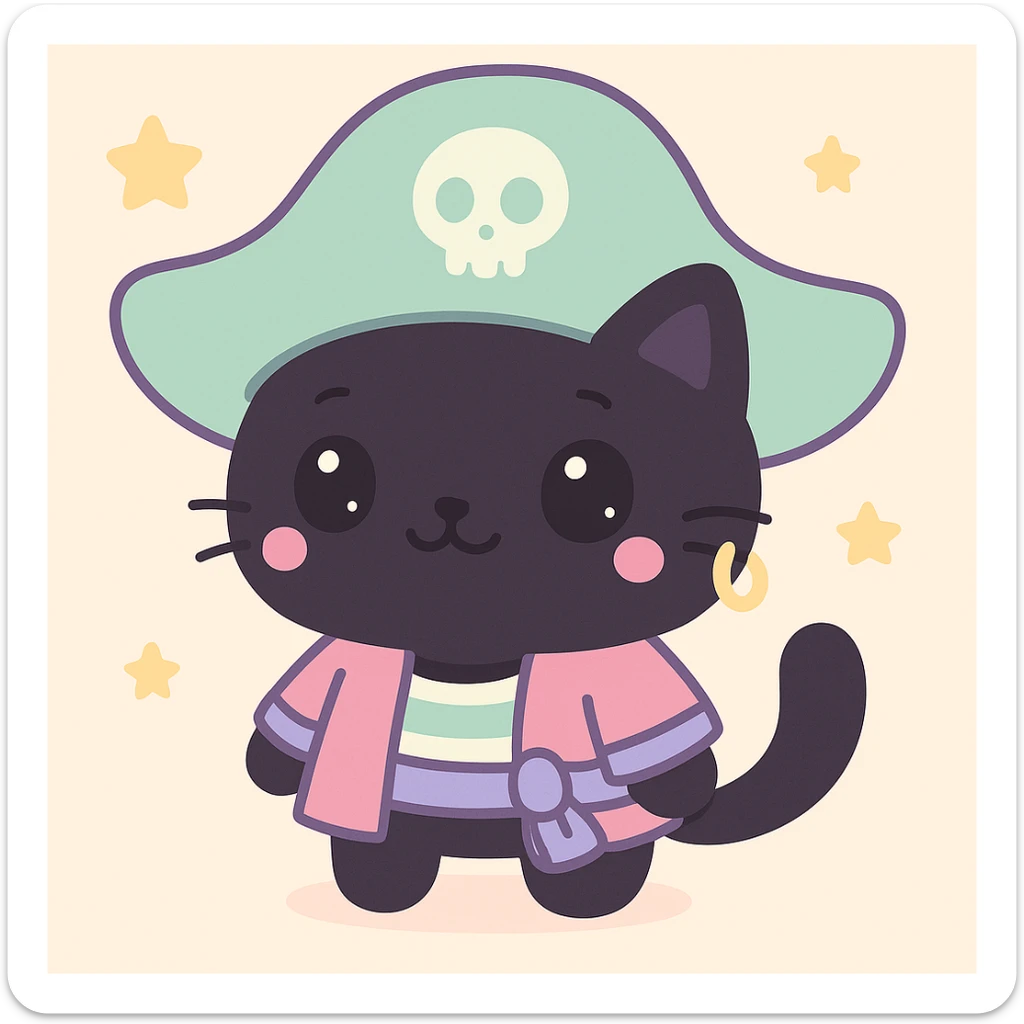 Male pirate cat in kawaii style with an oversized green hat, cute face, black fur, and a gold earring. sticker