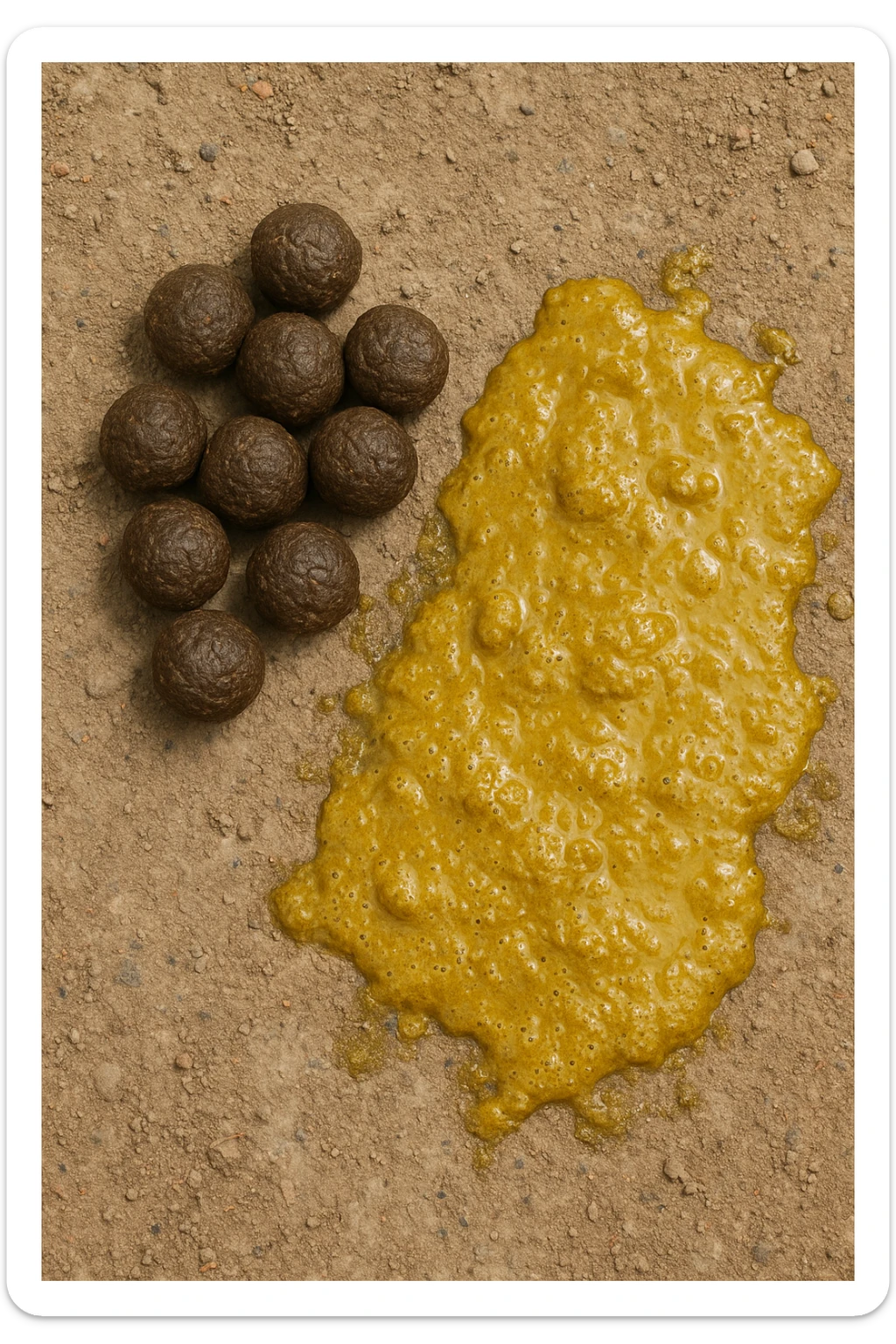 feci di animale a palline viste dall'alto e feci di animale liquide e gialline viste dall'alto, iperrealistico 4k sticker