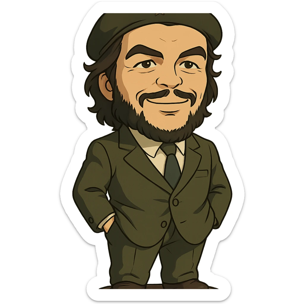 statuette of Che Guevara in a suit and tie, big head, confident smile, ghibli style sticker