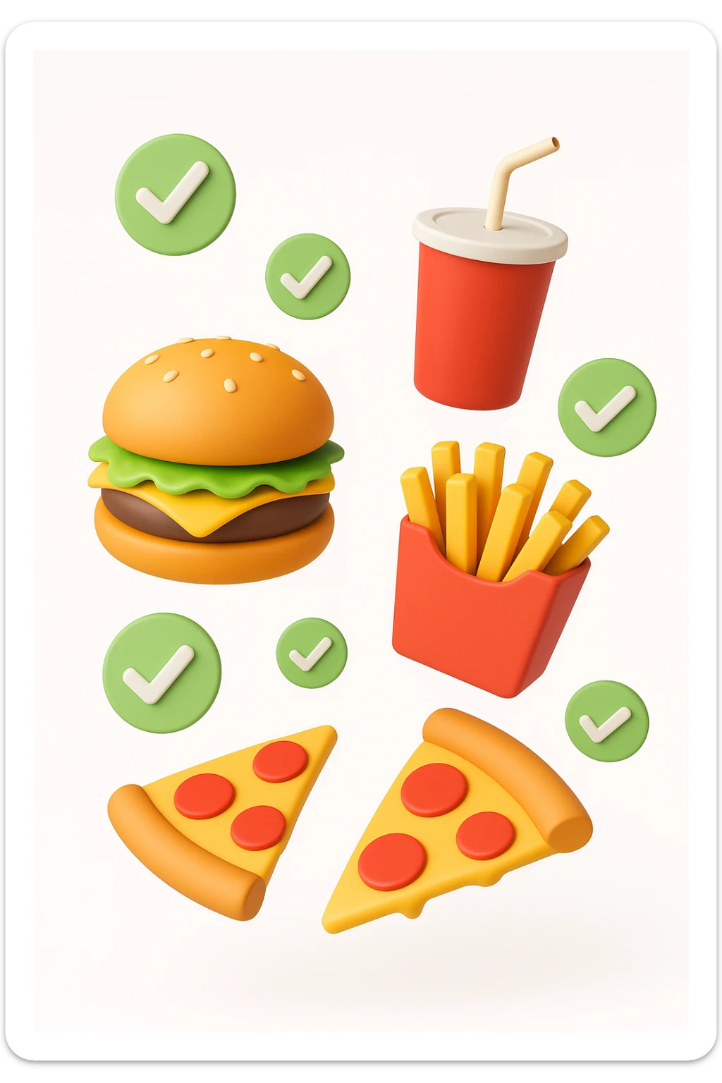 fast food fluttua in aria insieme a spunte di verificato in 3d, sfondo bianco sticker