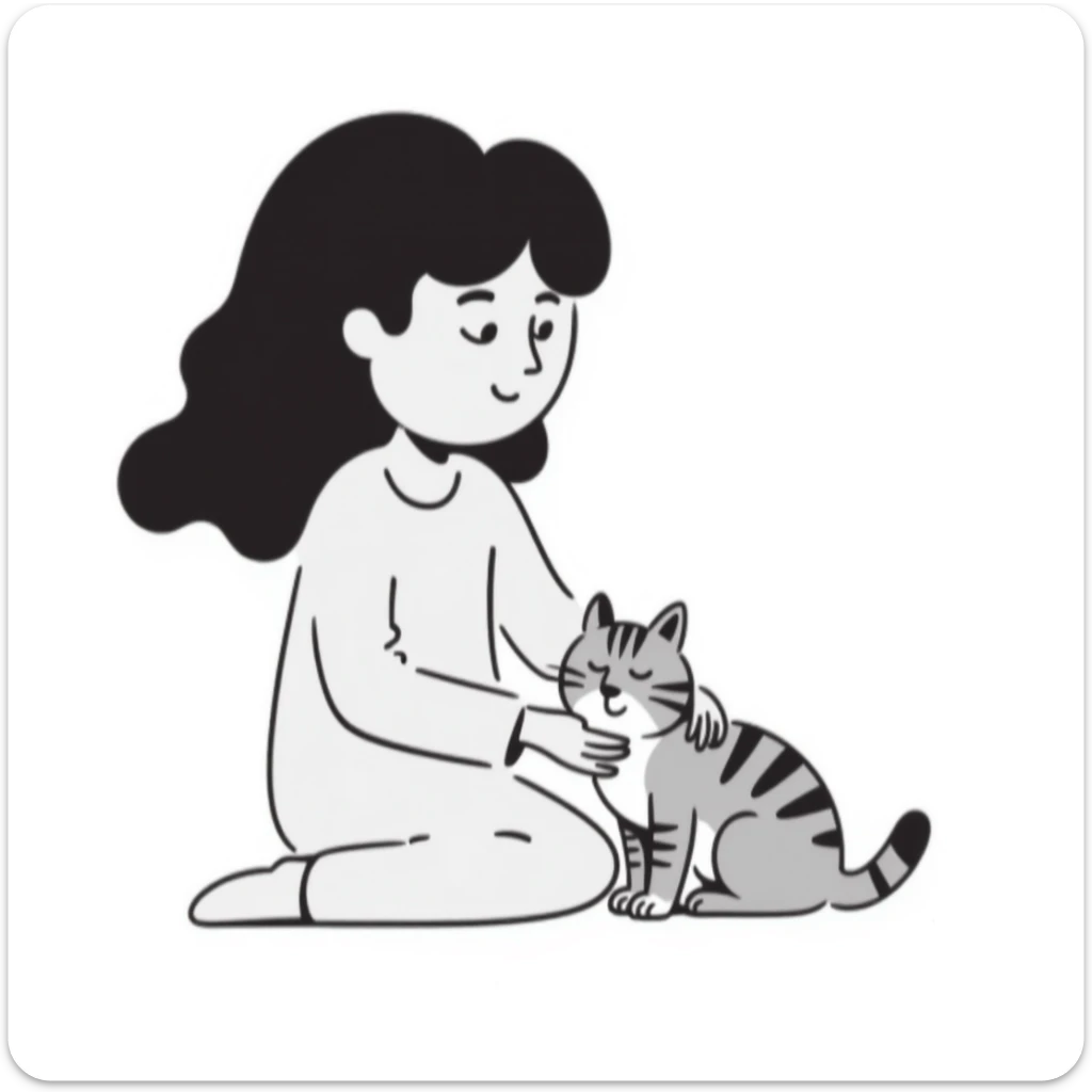 Beautiful girl with long black hair sitting with a gray and blonde mixed cat sticker