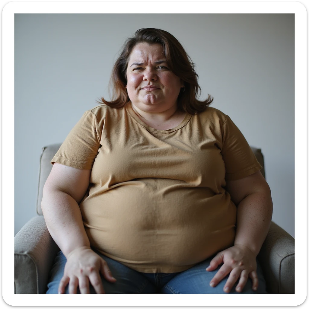 hyperrealistic 4K vertical 9:16 portrait of a fat woman sitting with an expression of fatigue or frustration, isolated white background sticker
