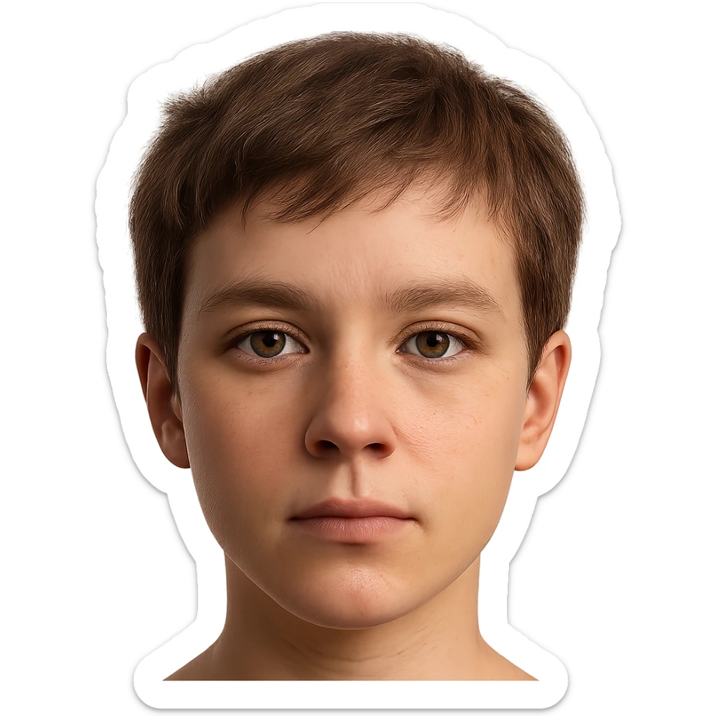 hyper-realistic emoji face of a young person with short tousled brown hair, light skin, neutral expression, detailed skin texture, natural lighting, lifelike eyes, realistic facial features sticker