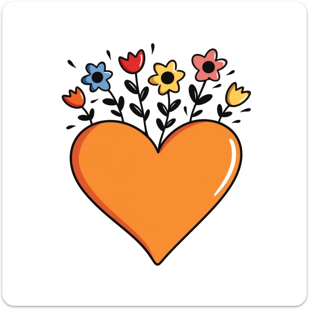 Add a crown of colorful flowers to the orange heart, keeping the playful and sketchy hand drawn doodle style. sticker