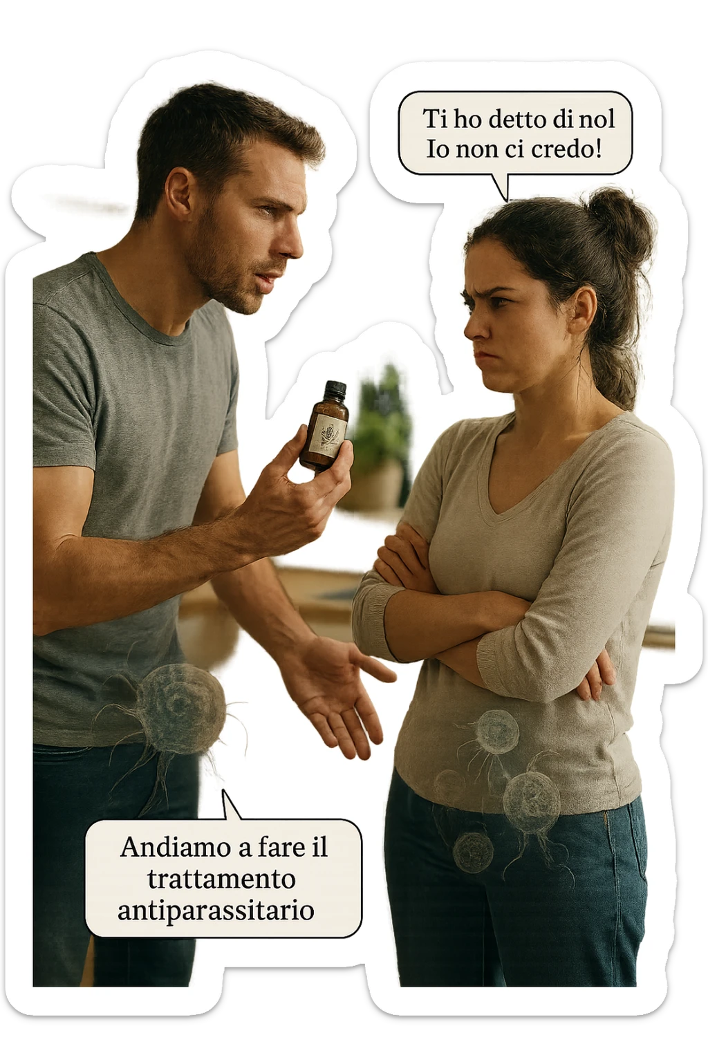 A highly realistic, cinematic photo of a young couple in their early 30s having an argument in a bright modern kitchen. The man, athletic build, wearing a casual T-shirt and jeans, is speaking firmly with a raised hand holding a small amber glass bottle labeled with a subtle herbal symbol, saying 'Andiamo a fare il trattamento antiparassitario' with a determined expression. The woman, with long dark hair tied in a messy bun, casual home outfit, crosses her arms with an angry, defensive expression, replying 'Ti ho detto di no! Io non ci credo!' while slightly turning away. Tension is visible in their body language, with the man leaning forward trying to explain and the woman leaning back, her eyebrows furrowed. Around them, subtle ghostly overlays of microscopic parasites are faintly visible near their abdominal areas, symbolizing the hidden reason for the argument. The kitchen is bright and modern with plants and natural light, contrasting the emotional tension. The style is hyperrealistic with warm tones and shallow depth of field focusing on their facial expressions, illustrating the conflict between belief in natural treatments and skepticism within the couple regarding hidden parasitic infections. in italiano sticker