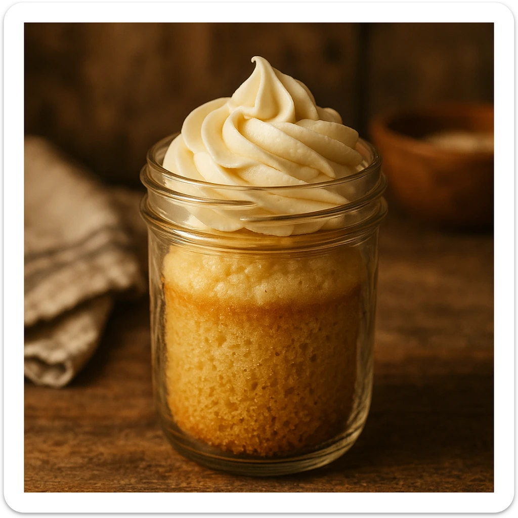 a glass jar with a vanilla cupcake baked inside, golden cake, creamy frosting, cozy and homemade feel sticker